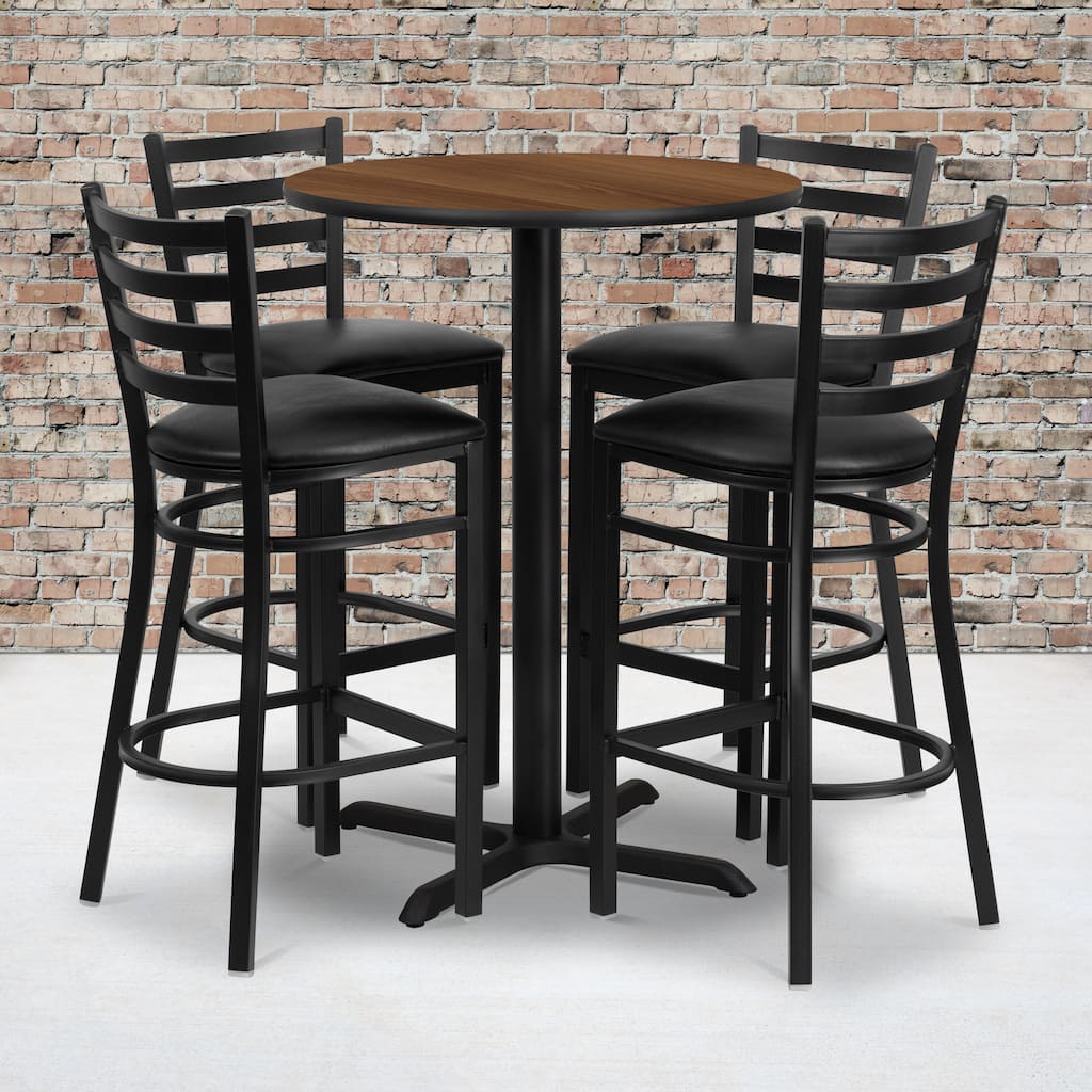 30'' Round Laminate Table Set with X-Base and 4 Ladder Back Metal Barstools