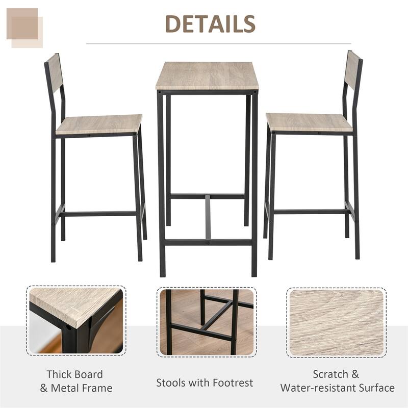 3 Piece Bar Table and Chairs, Dining Table Set for 2 with Bar Stools
