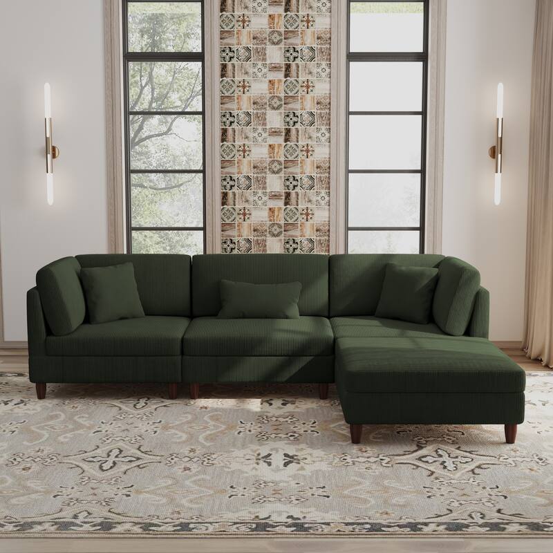 Corduroy Convertible Couch Modular Sectional Sofa with Ottoman