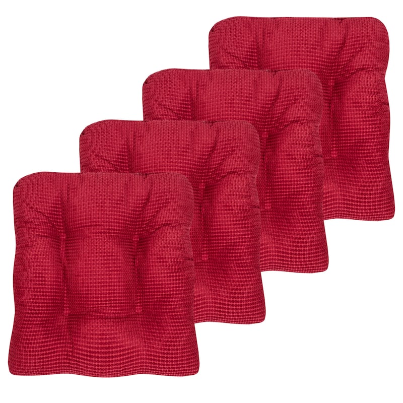 Sweet Home Collection Fluffy Memory Foam Tufted Chair Cushion Non Slip Microdot Rubber Back - Set of 4 - Red