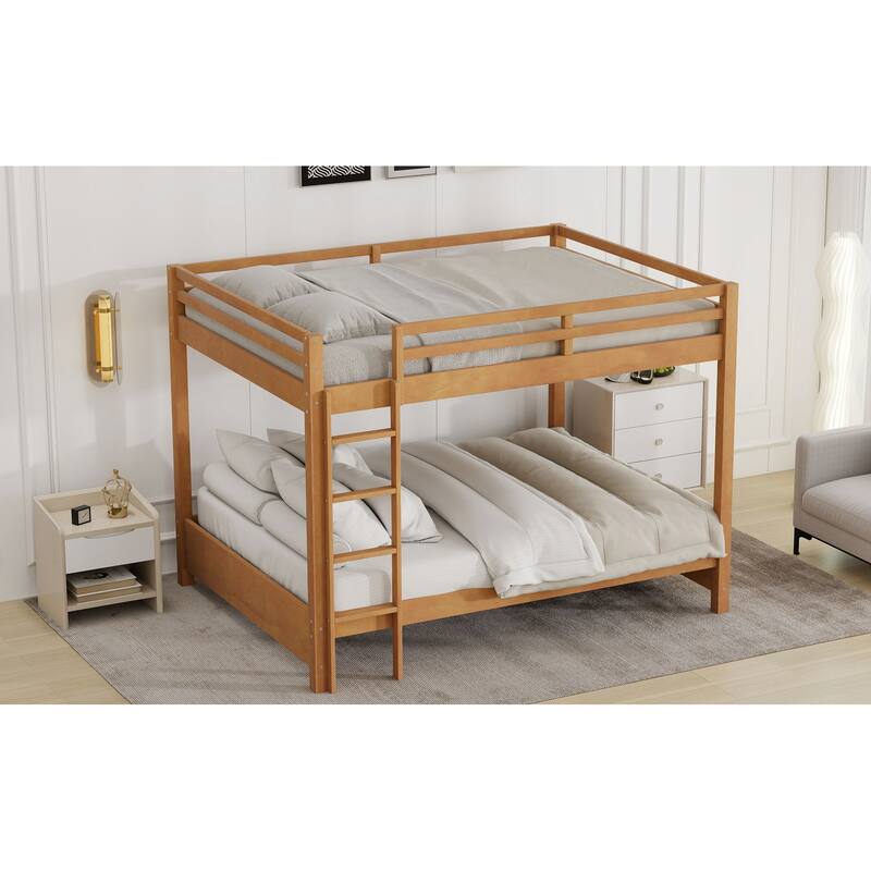 GDFStudio - Solid Wood Queen Bunk Bed with Ladder and Guardrails