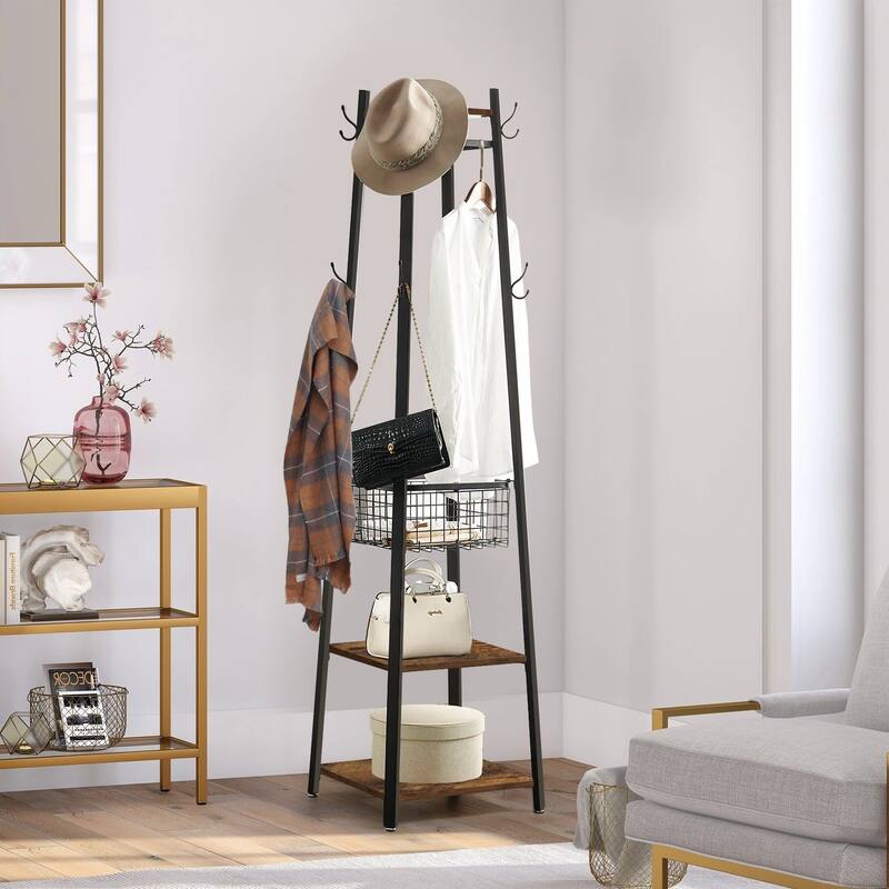 Javlergo Coat Rack with Deep Metal Basket, 2-tier Shelves & 8 Dual Hooks - Antique Brown