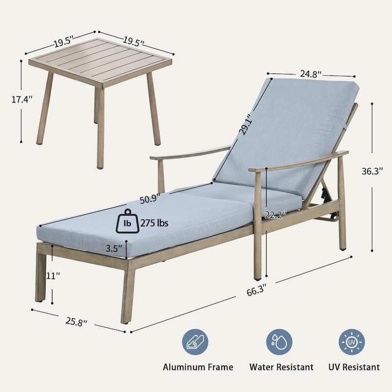 2-Piece Aluminum Patio Chaise Lounge with Side Table and Cushions