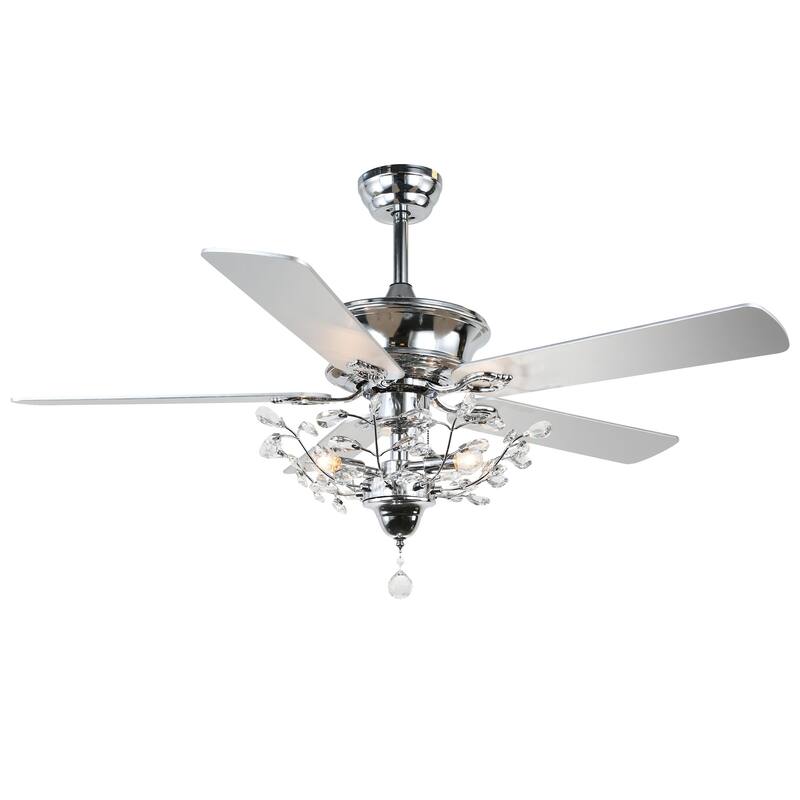 Cusp Barn 52-In Crystal Ceiling Fan with Lights and 5 Wood Reverse Blades Modern Chandelier for Living Room