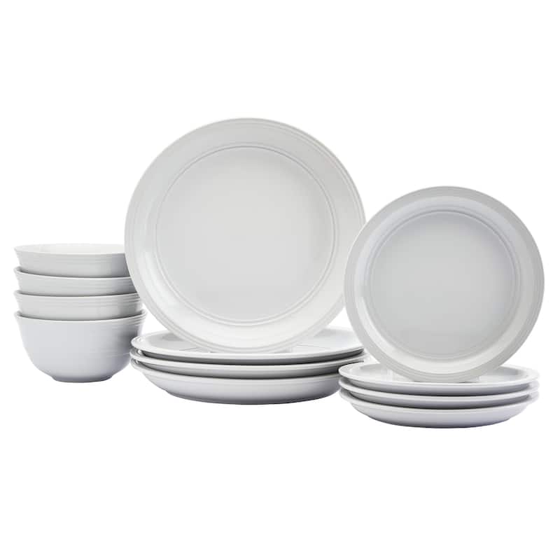 Tabletops Gallery Farmhouse 12 Piece White Stoneware Round Dinnerware Set- Service for 4