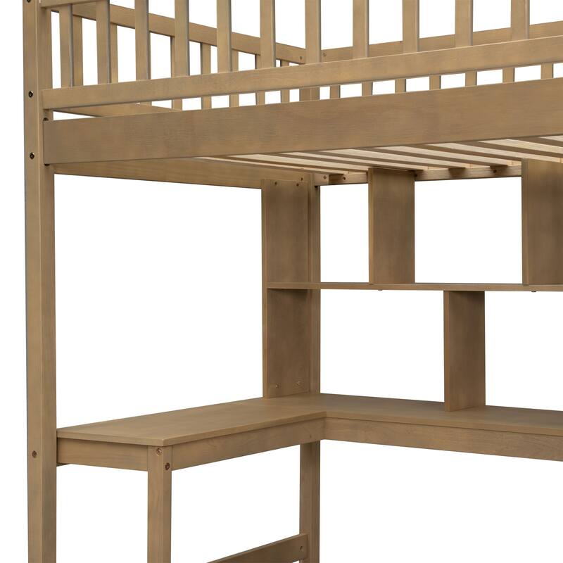 Twin Size Loft Bed with Built-in Desk, LED Lights, Storage Shelves, Cabinets & Staircase