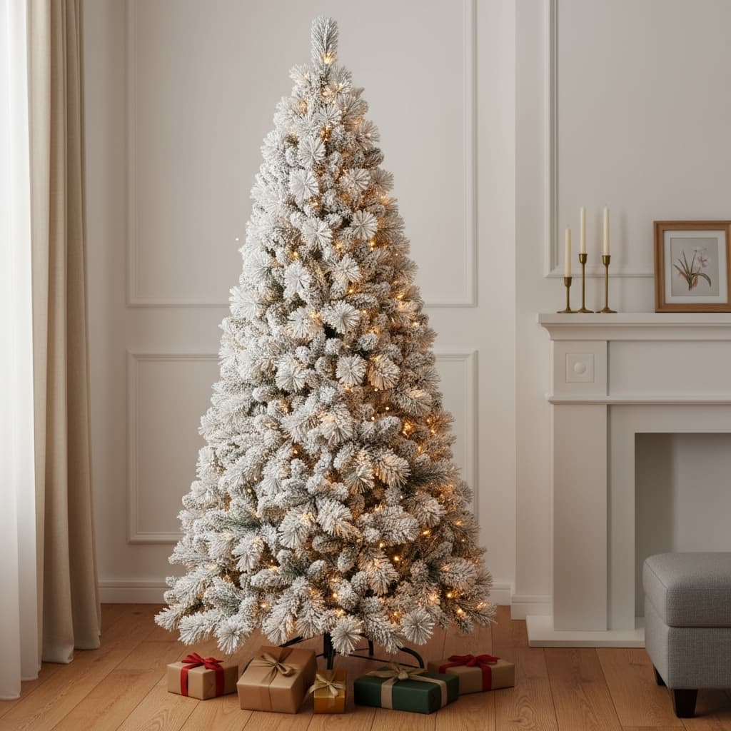 HomeRoots 9' White Pre Lit Full Flocked Pine Christmas Tree - 59.00 in. x 108.00 in. x 59.00 in.