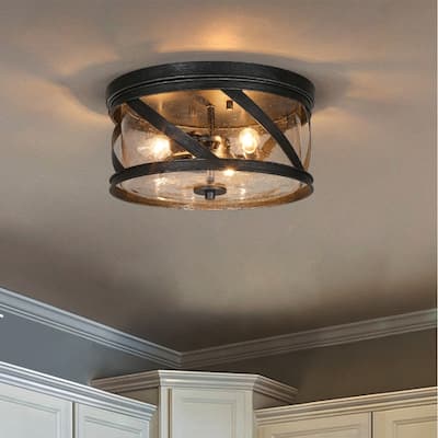Clyno Modern Industrial 3-Light Antique Black Seeded Glass Drum Flush Mount Ceiling Light - D 13" x H 6.5"