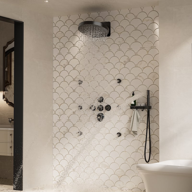 CASAINC Thermostatic 4 Functions 12 inch Rainfall Showerhead with Handheld Spray & 6 Body Jets Set Rain Shower System