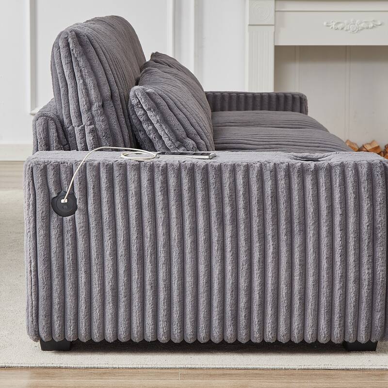 Roomfitters 126" Corduroy Modular Sectional Sofa, Convertible 3-4 Seater Couch with Cup Holders, Ottoman, Pillows & USB Ports