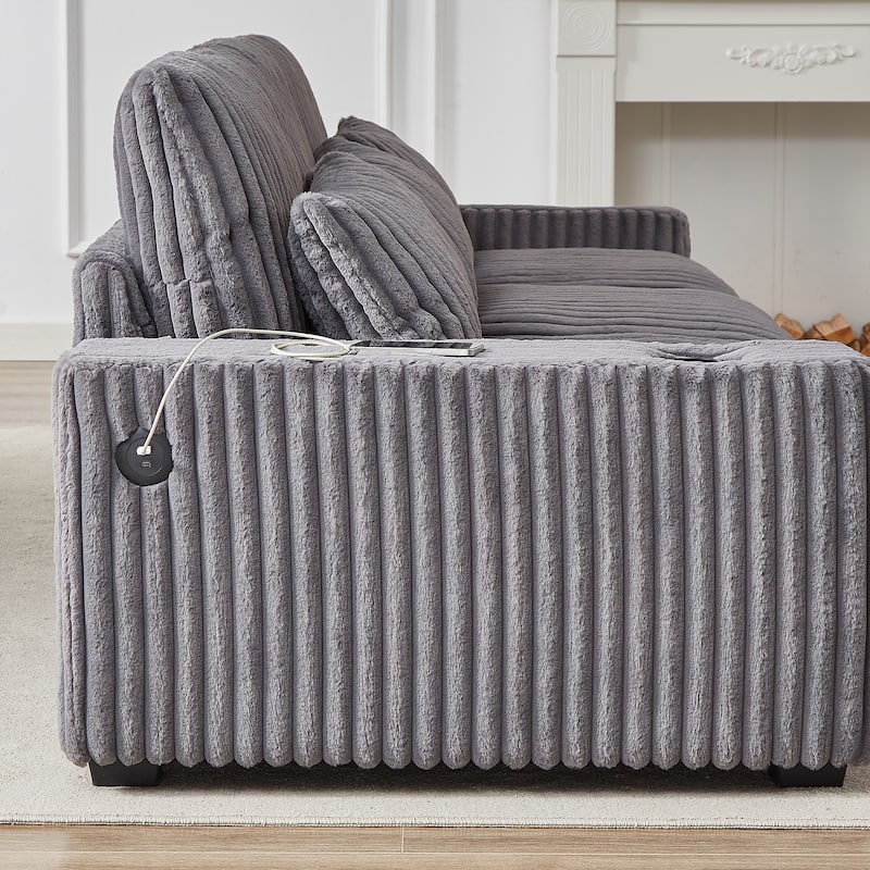 Super Large 126-Inch Corduroy L-Shaped Sofa with Cup Holders, USB Port, Movable Footrest, and 8 Cushions.