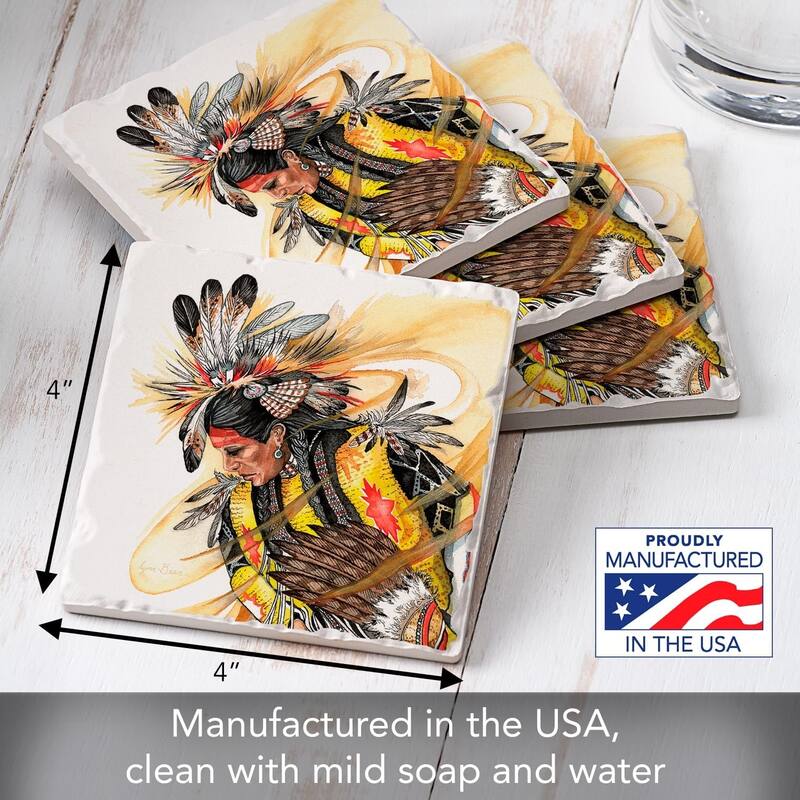 Indian Chief 4-Pack Absorbent Stone Coasters with Protective Cork Backing 4" Square Made in The USA Easily Wipes Clean