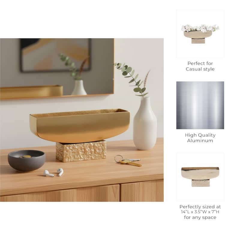 Rectangular Metal Decorative Bowl with Textured Base - 14", Gold - 14.0"