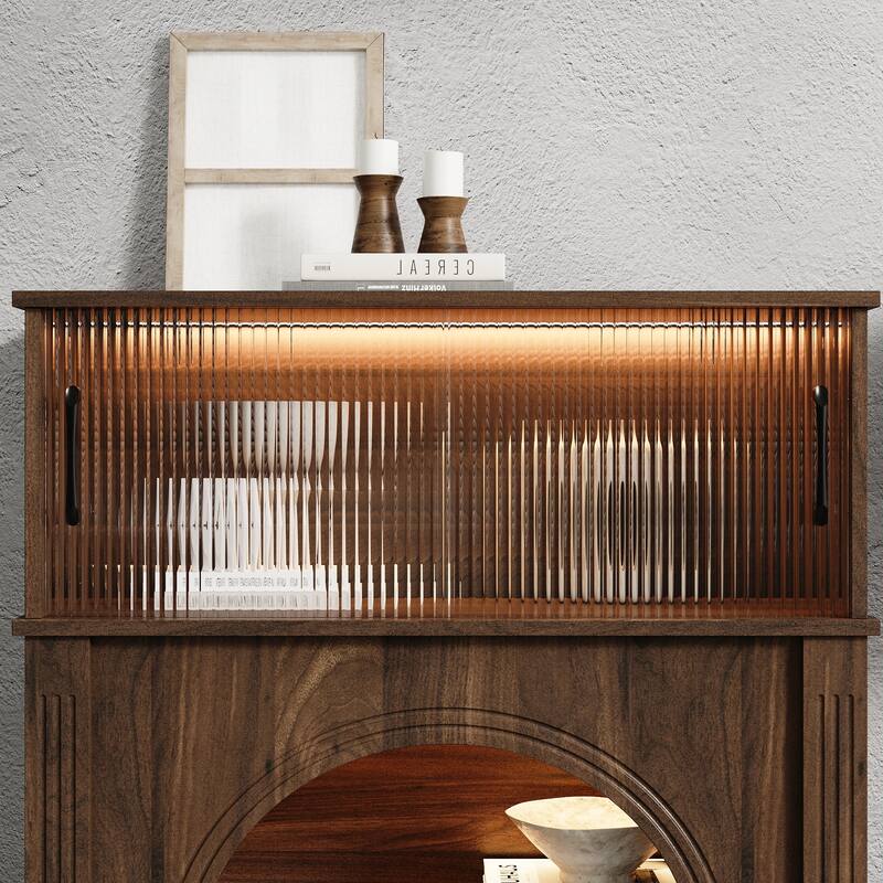 LED Lighted Display Cabinet with Fluted Glass Doors, Wooden Sideboard Buffet Cabinet for Living Room or Dining Room
