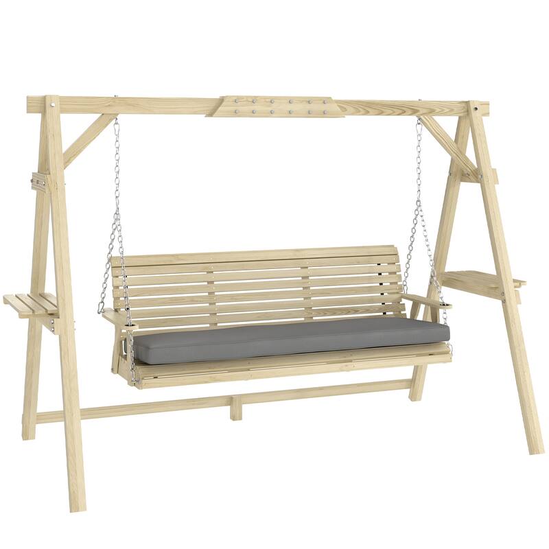 Outsunny 3 Seat Porch Swing with Stand, Wooden Patio Swing Chair with Cushion, Side Trays and Metal Chains