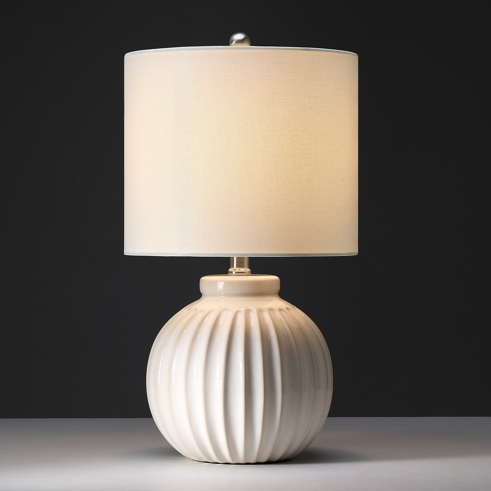 Ivory Ribbed Ceramic Table Lamp with Drum Shade - 18 in. H