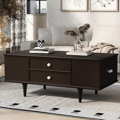 Modern Rectangle Coffee Table with Four Drawers,Two Side Hidden Storage Compartments,47.2" Wood Coffee Table with Metal Handles
