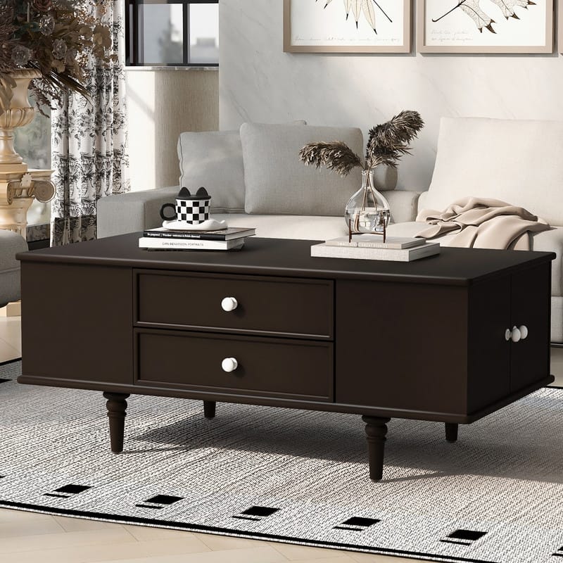 Modern Rectangle Coffee Table with Four Drawers,Two Side Hidden Storage Compartments,47.2" Wood Coffee Table with Metal Handles