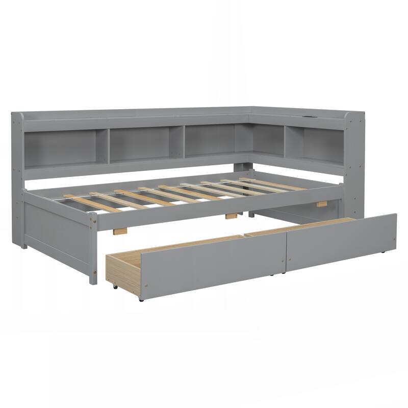 Twin Size L-shaped Bookcases Bed with Power Outlets, USB Charging Ports,Two Drawers