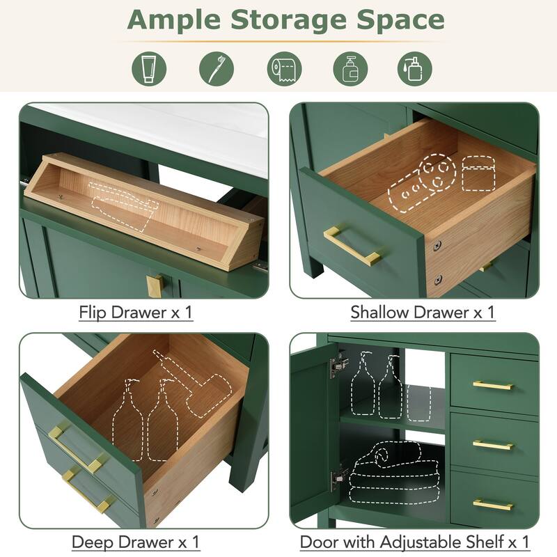 30-Inch Green Bathroom Vanity with Ceramic Sink, Flip Drawers & Ample Storage - Space-Saving Design for Small Bathrooms
