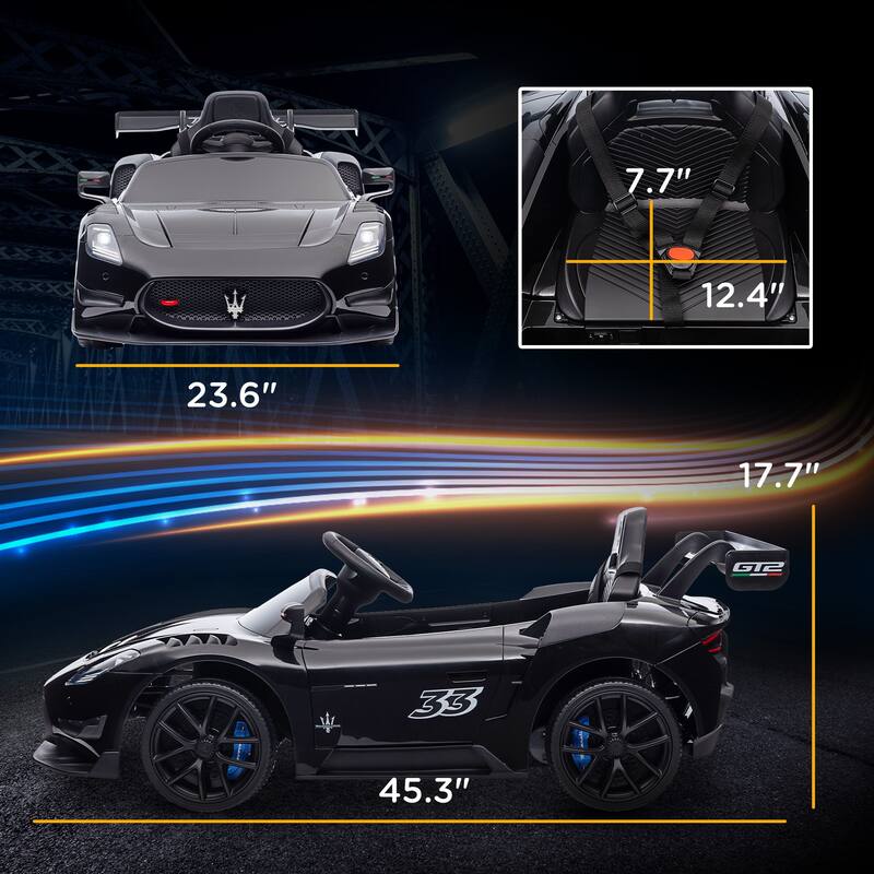 Maserati GT2 12V Battery-Powered Kids Ride-On Car with Remote Control, Horn, Shock Absorbers, and LED Lights - Black