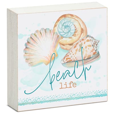Wood Block Décor Message Beach Life Sign, 3.75 inches Square, Made in The USA - Multi-1