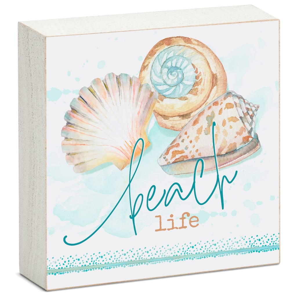 Wood Block Décor Message Beach Life Sign, 3.75 inches Square, Made in The USA - Multi-1
