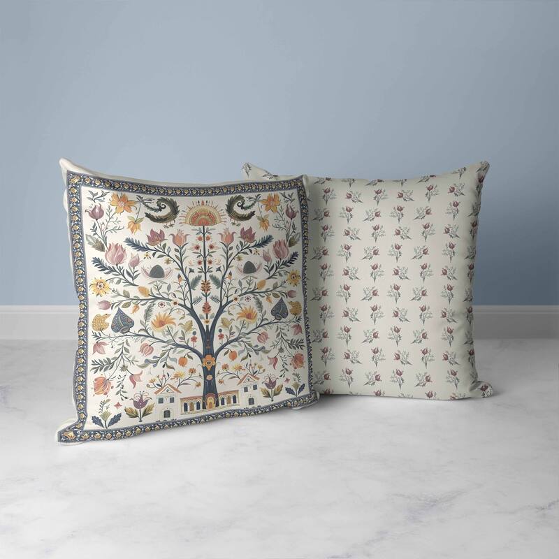 Indian Folk Art Tree Faux Suede Reversible Throw Pillow Multi