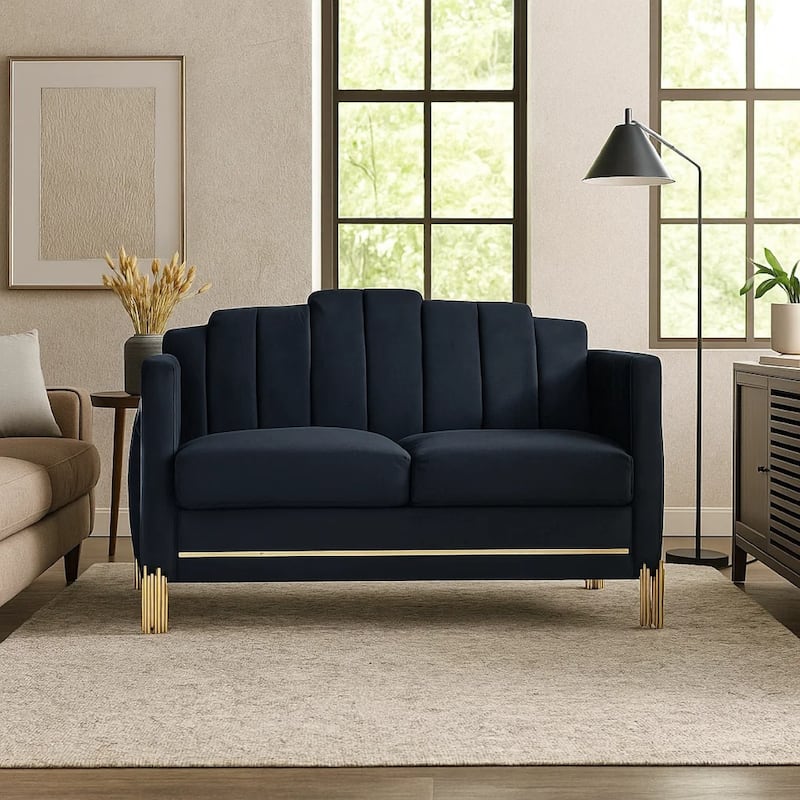 Theo Loveseat, Black Velvet, Blue LED Lights, Gold Metal Legs, 59 Inch