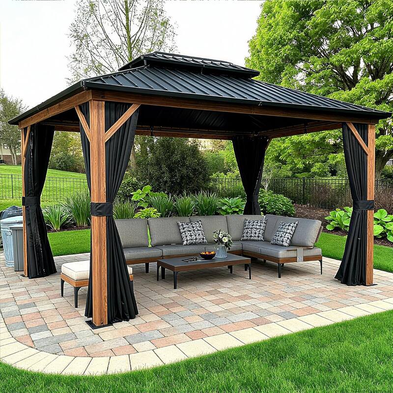 PURPLE LEAF Patio Hardtop Gazebo for Outdoor Wood Grain Aluminum Frame Galvanized Steel Double Roof and Backyard Garden