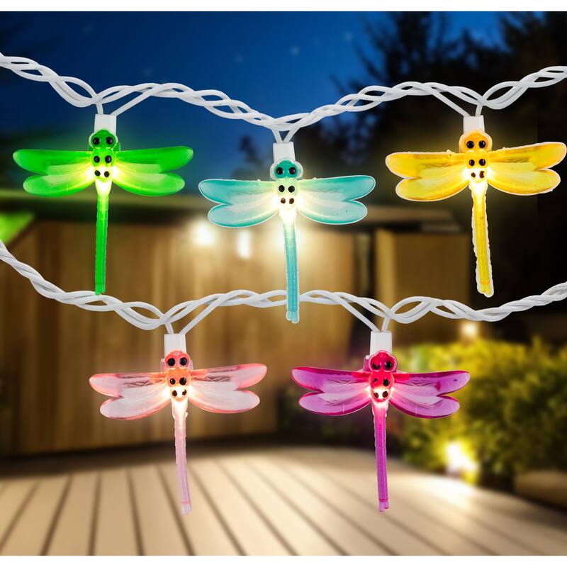 10 Dragonfly Summer Garden Outdoor Patio Lights, 7.25ft White Wire
