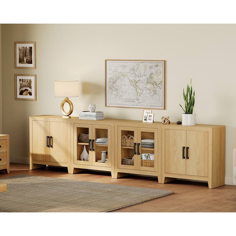 WAMPAT Large Farmhouse TV Stand with Glass Door & Cabinet Storage, Rustic Media Console for up to 110-inch TVs