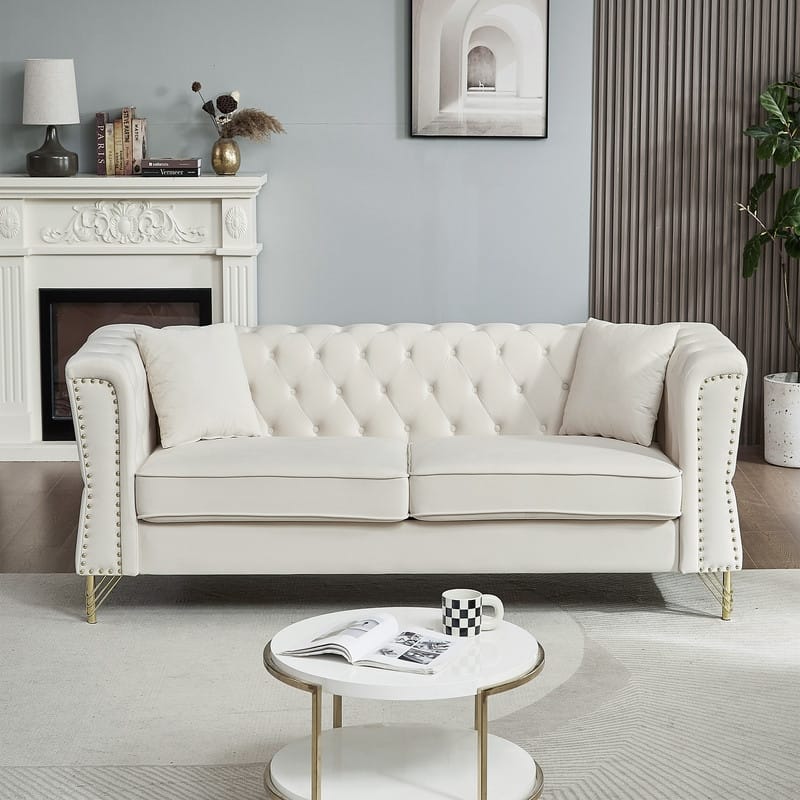 Modern Living Room Chesterfield Sofa,Tufted Couch with Metal Foot and Nailhead,Two Pillows
