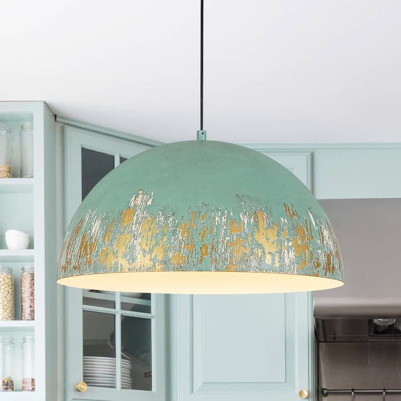 European Artisanal Antique Gold Patina Iron Oversized Dome Pendant