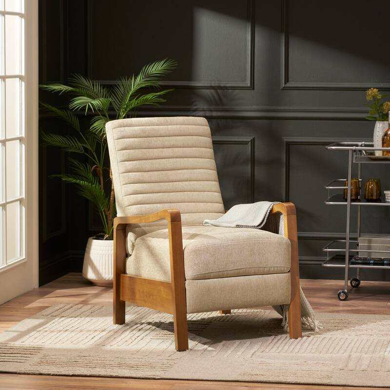 Small Wood Frame Recliner Club Chair with Retractable Footrest Living Room Lounge Armchair Upholstered Reading Chair for Bedroom