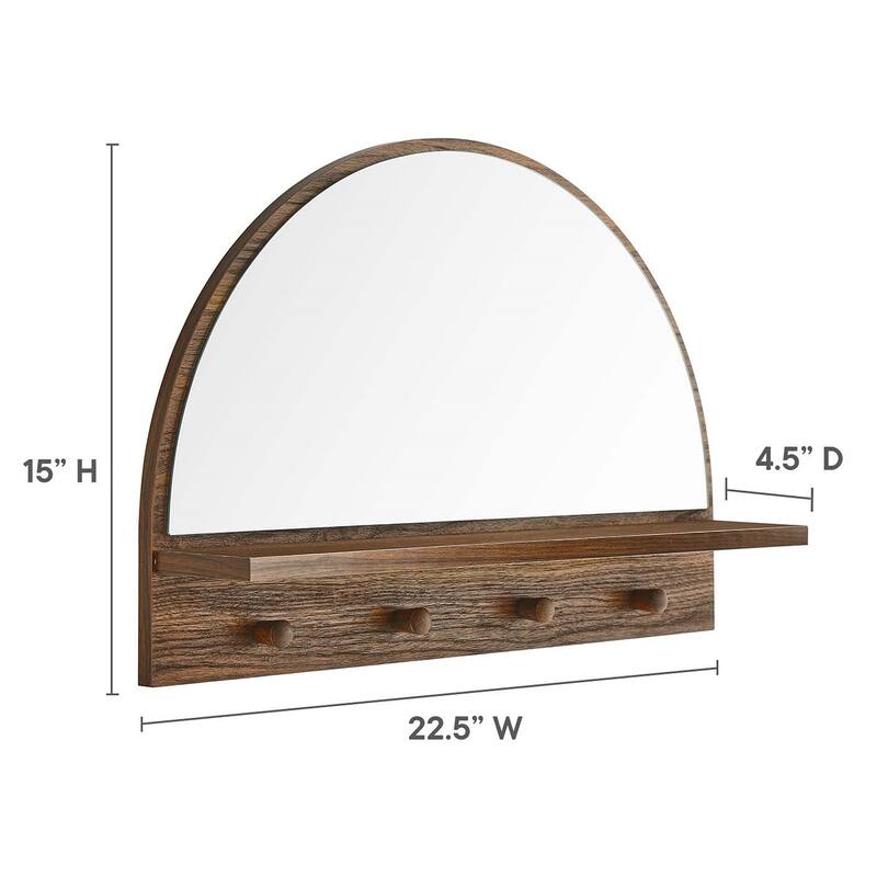Rancho Modern Walnut Arched Wall Mirror with Shelf and Hooks