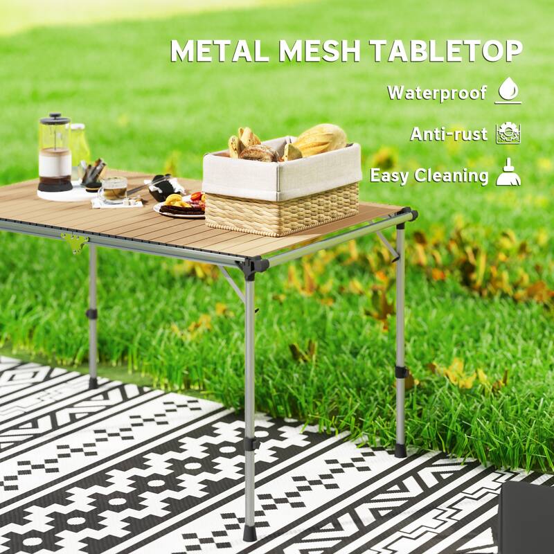 Light Brown Aluminum Adjustable Folding Picnic Table for Outdoor Use - 51.2" L x 31.5" W x 20.9"-28" H