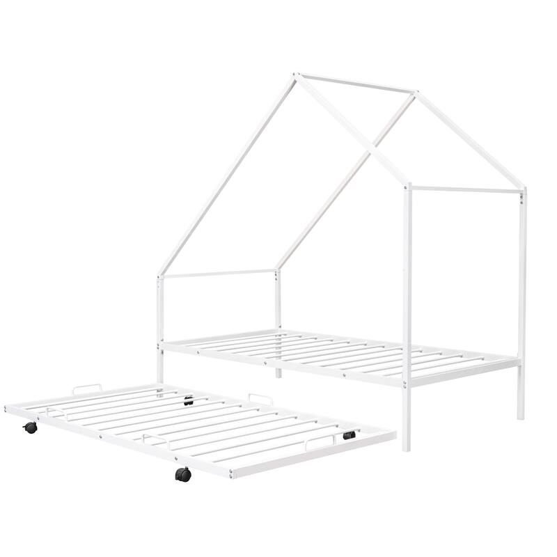 Metal House Bed With Trundle, Twin Size House Bed