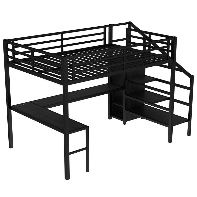 Queen Size LED High Loft Bed with L Shaped Desk and Charging Station, Heavy Duty Metal Loftbed Frame with Wardrobe and Shelves