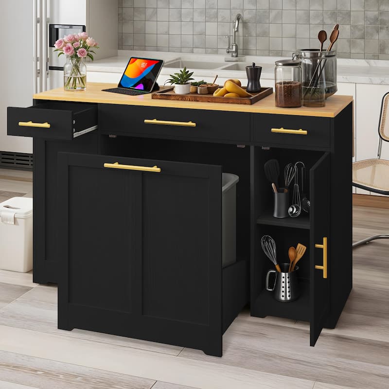 Moasis 55-inch Drop Leaf Kitchen Island With Pull Out Trash Can Storage Cabinet