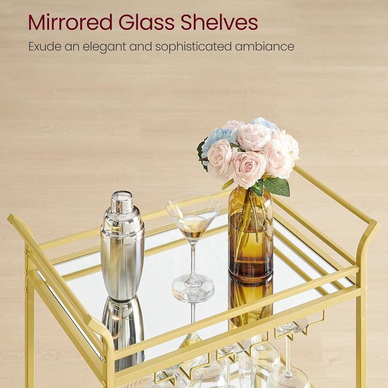 Home Bar Serving Cart with 3-Tier Shelf, Wine Holders, Glass Holders
