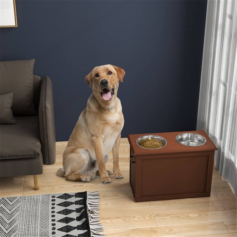 Dog Bowls, Pet Feeding Storage with Hollow Handles - 23.5"L x 11.75"W x 16.25"H - Brown