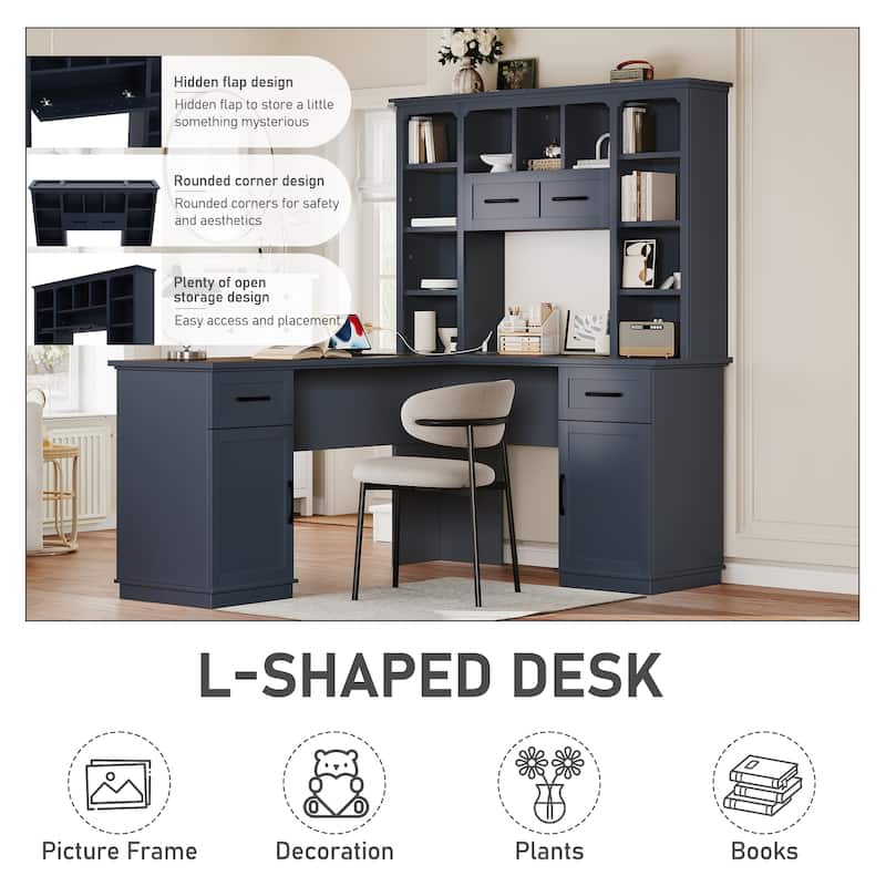 Computer Desk with 2 Cabinets, 2 Drawers & 11 Shelves, L-Shaped Corner Home Office Desk, Gaming Computer Desk with Power Outlet
