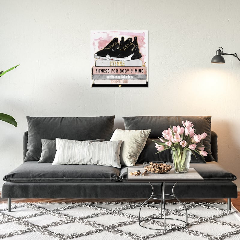 Wynwood Studio Canvas Fashion and Glam Sporty Shoes on Books Black and Modern & Contemporary Wall Art Canvas Print - 20 x 20