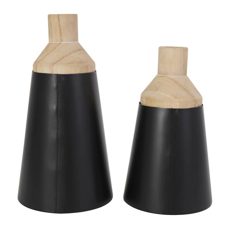 Wood Triangular Colorblock Decorative Vase with Light Brown Wood Tops - Set of 2 Black - Roche River Decor