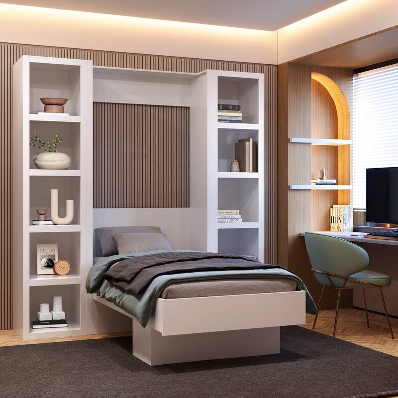 Easy-Lift Twin Murphy Wall Bed with Two Bookshelves
