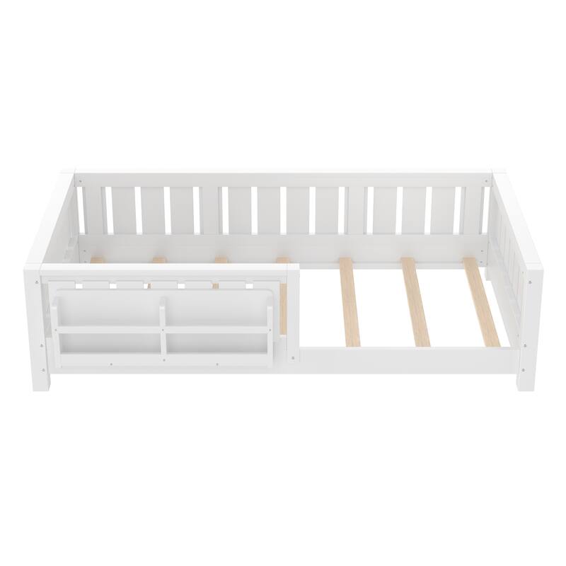 Low Profile Montessori Bed Floor Platform Bed with Fence and Bookshelf