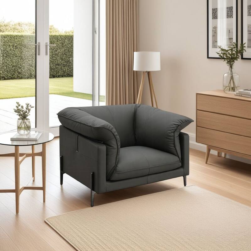 Semi Sofa Chair, Box Edge Design, Black Top Grain Leather, 69 Inch
