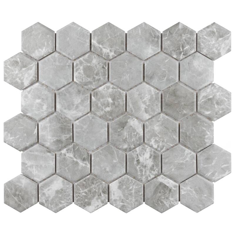 Merola Tile Flo 2" Hex Grey 11-1/8" x 12-5/8" Porcelain Mosaic Floor and Wall Tile