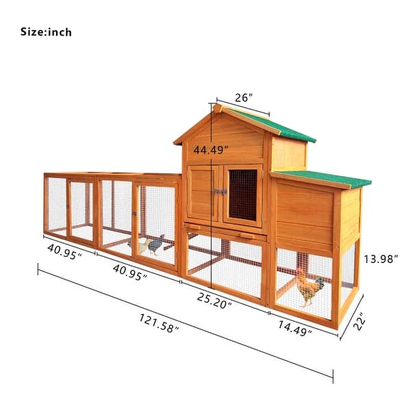 121'' Large outdoor Wooden Chicken Coop with Nest Box Wire Fence Bed